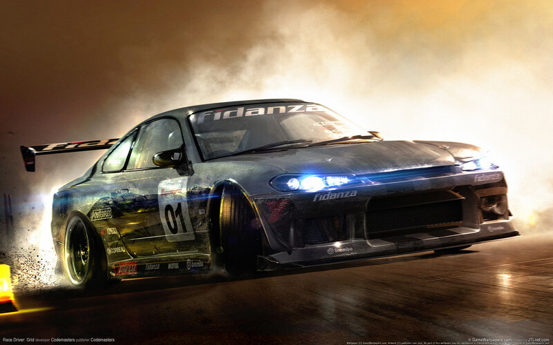 Drifting Race Car — Black, Dramatic, Night, Digital Art, Smoke, Tire Smoke, Race Track