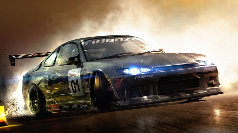Drifting Race Car — Black, Dramatic, Night, Digital Art