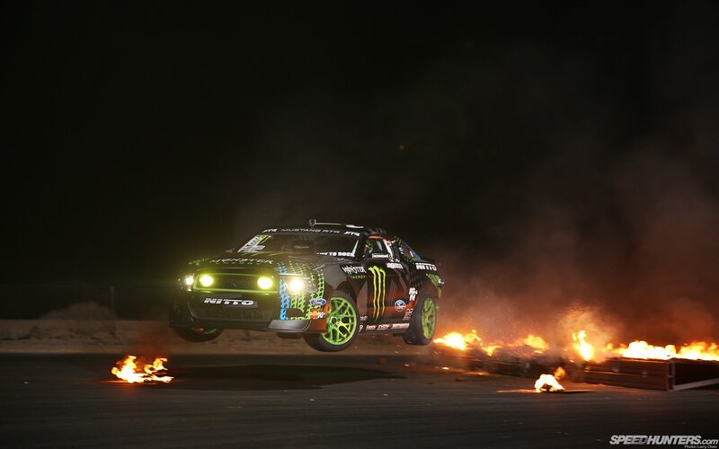 Drifting Race Car — Black, Dramatic, Night, Photograph, Fire