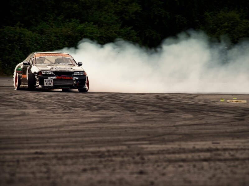 Drifting Race Car — Black, Dramatic, Night, Photograph, Smoke, Tire Marks