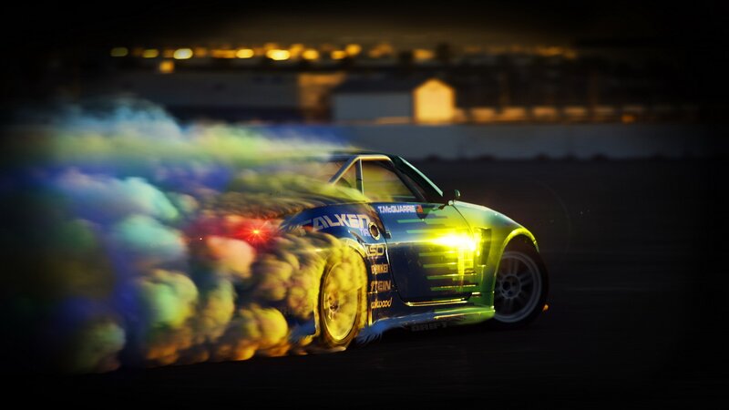 Drifting Race Car — Black, Dramatic, Night, Photograph