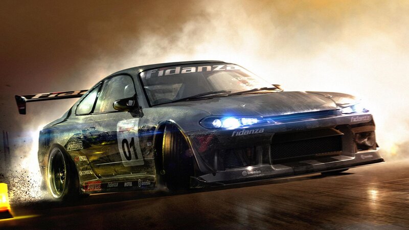 Drifting Race Car — Black, Dramatic, Night