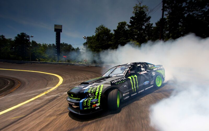 Drifting Race Car — Black, Dynamic, Afternoon, Photograph, Race Track, Smoke, Trees