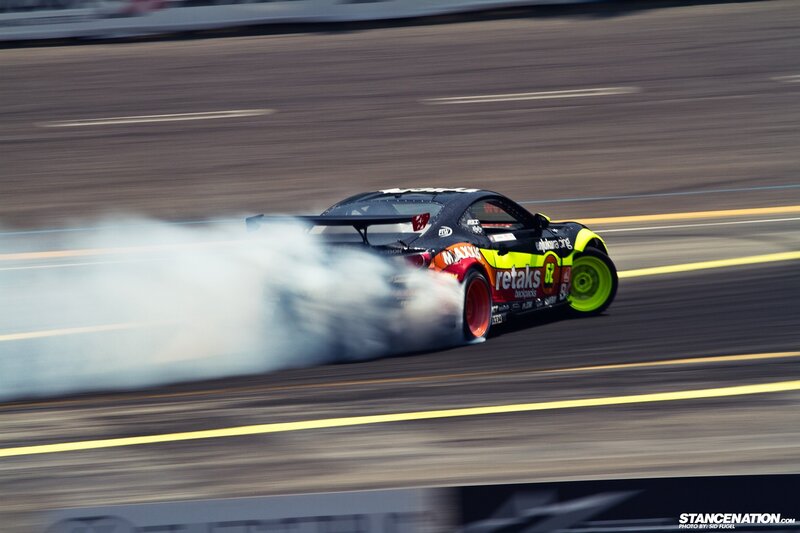 Drifting Race Car — Black, Dynamic, Afternoon, Photograph, Smoke, Track, Tire