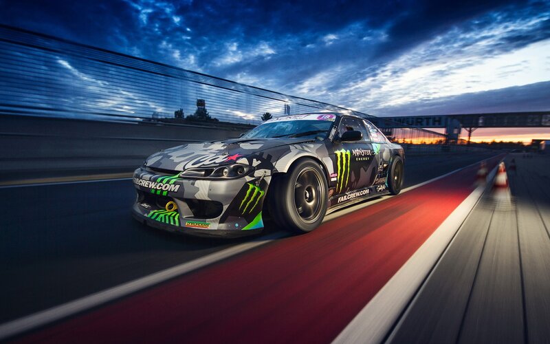 Drifting Race Car — Blue, Dramatic, Sunset