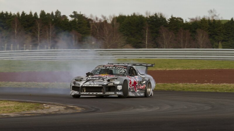Drifting Race Car — Gray, Dynamic, Afternoon, Photograph, Race Track, Smoke