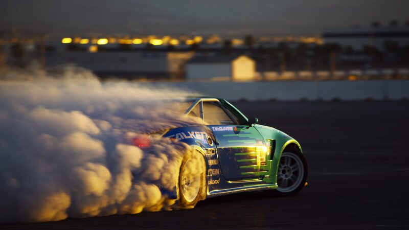 Drifting Race Car — Green, Dramatic, Sunset, Photograph, Smoke