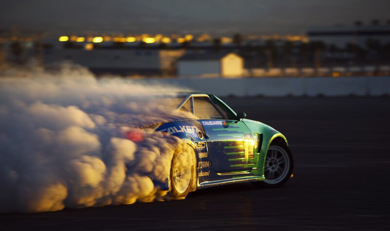 Drifting Race Car — Green, Dramatic, Sunset, Photograph