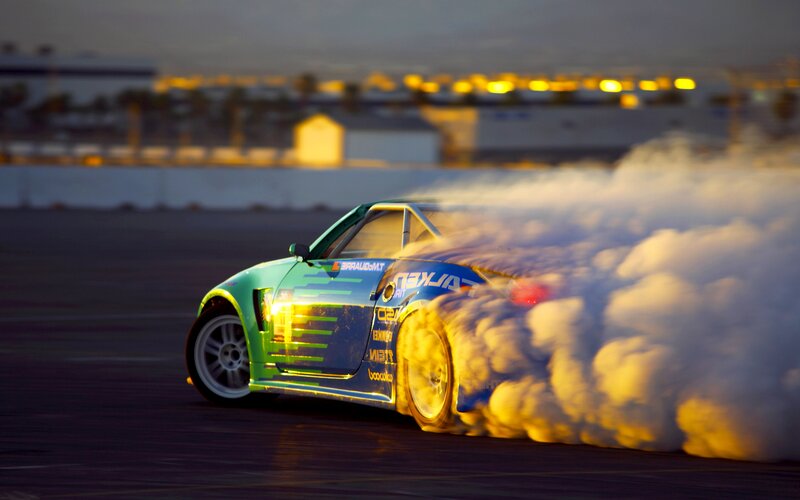 Drifting Race Car — Green, Dramatic, Sunset