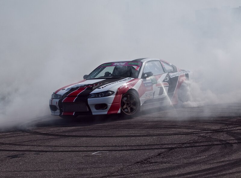 Drifting race car in action