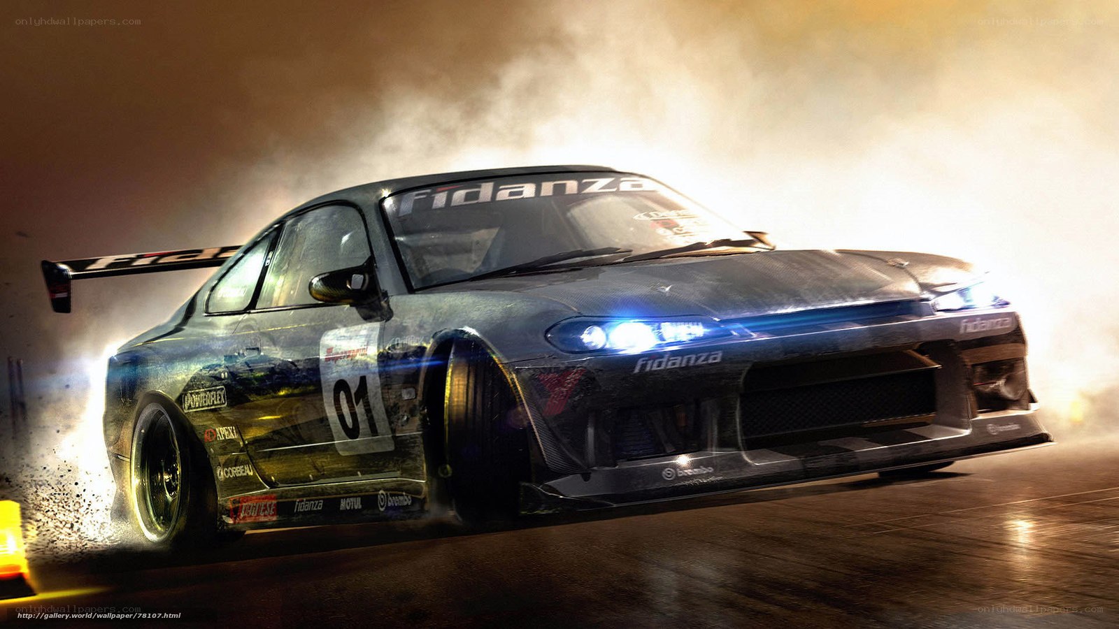 drifting race car in smoke