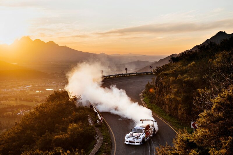 Drifting Race Car — White, Dramatic, Sunset