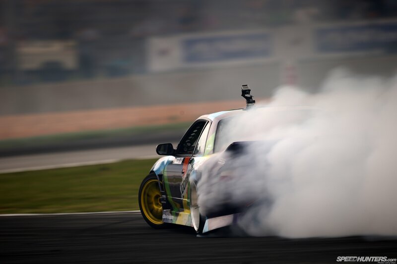 Drifting Race Car — White, Dynamic, Photograph, Smoke, Racetrack, Camera