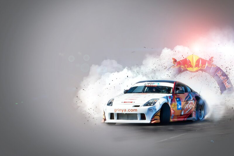 Drifting race car with Red Bull arch