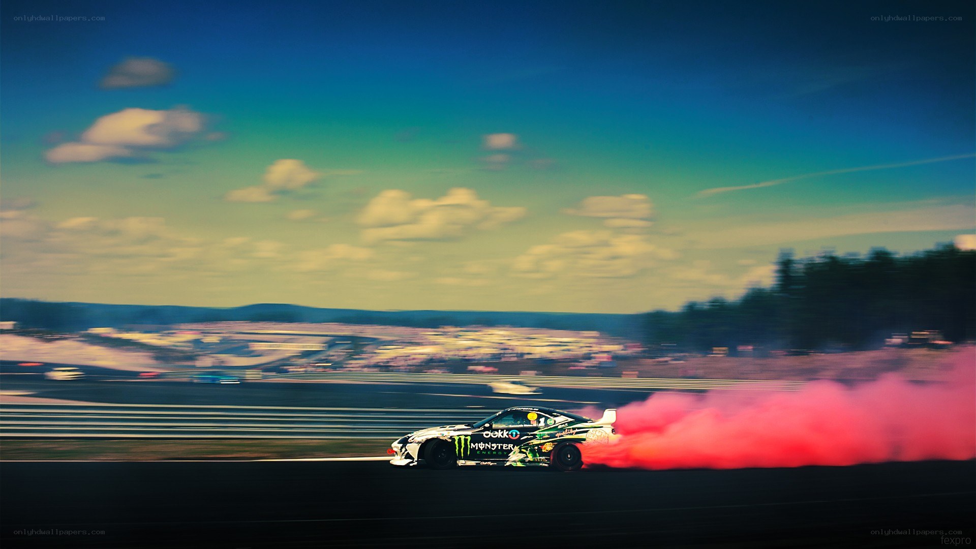 Drifting race car with smoke