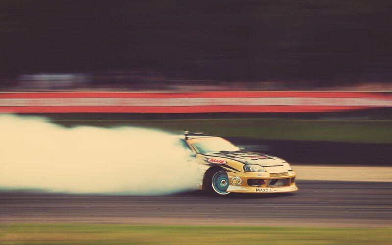 Drifting Race Car — Yellow, Dynamic, Photograph