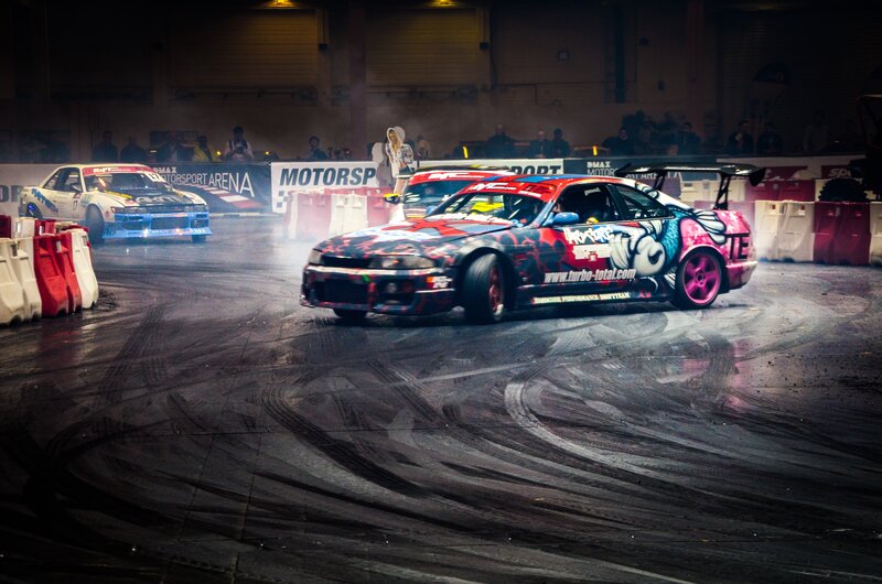 Drifting Race Cars — Black, Dramatic, Night, Photograph