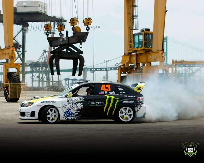 Drifting rally car at port