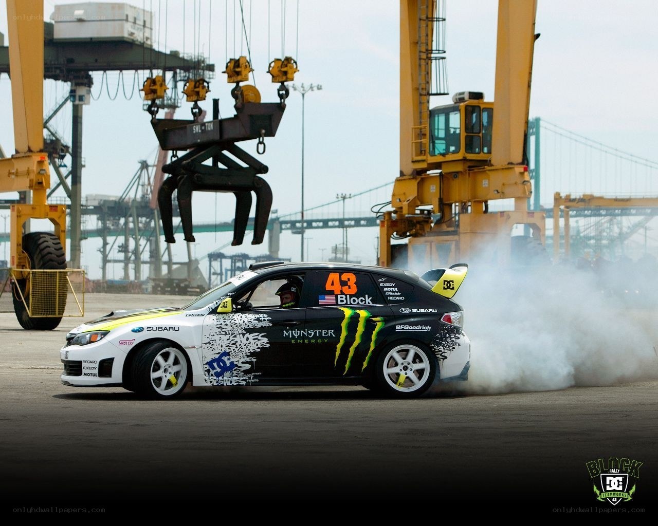 Drifting rally car at port