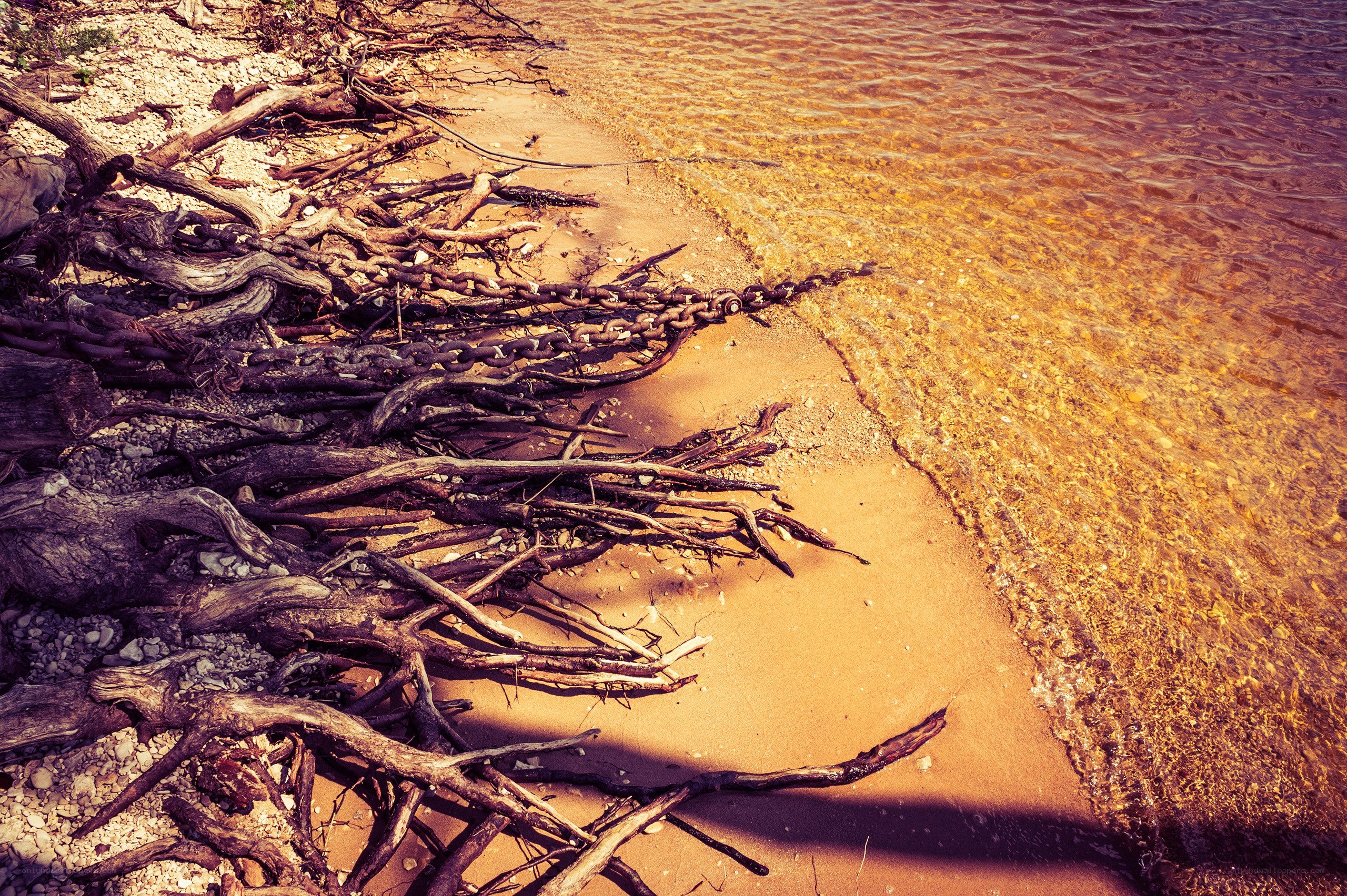 Driftwood and chain on beach
