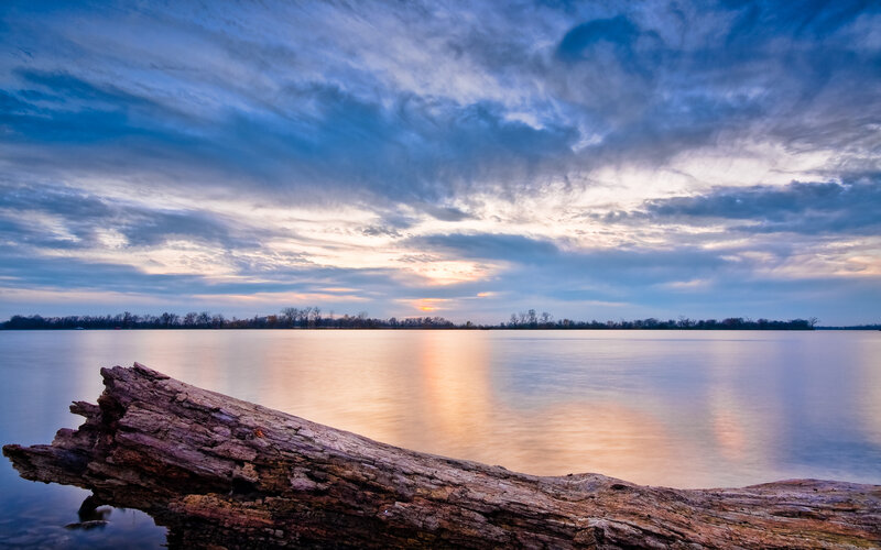 Driftwood at Sunset on a Calm Lake