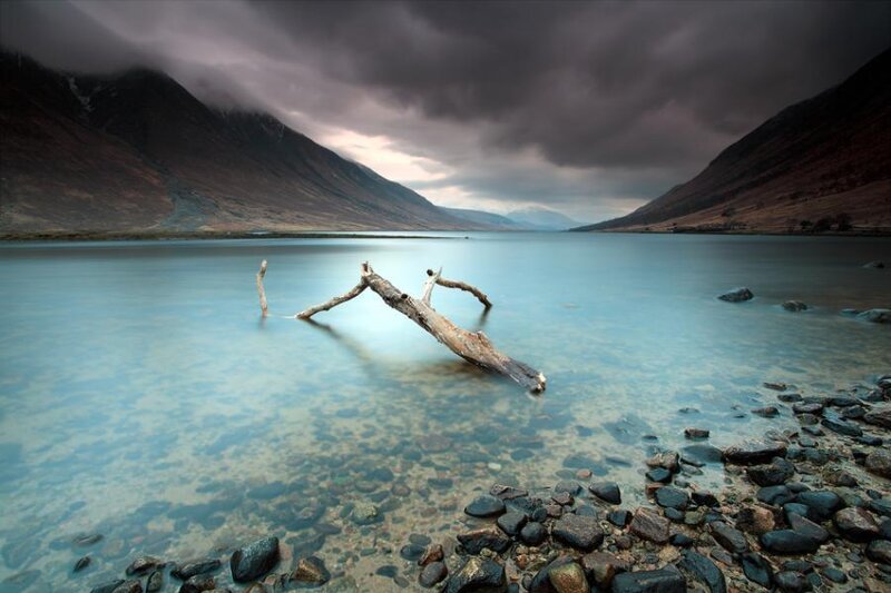 Driftwood in Lake — Blue, Dramatic, Photograph, Mountains