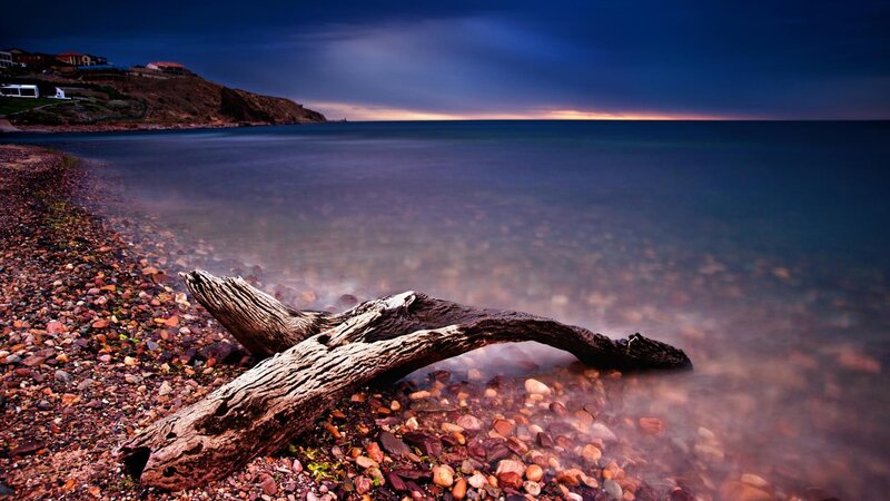 Driftwood on a pebble beach at dusk