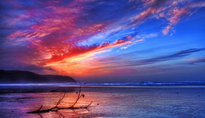 Driftwood on Beach — Blue, Dramatic, Sunset, Photograph, Clouds, Ocean, Cliffs