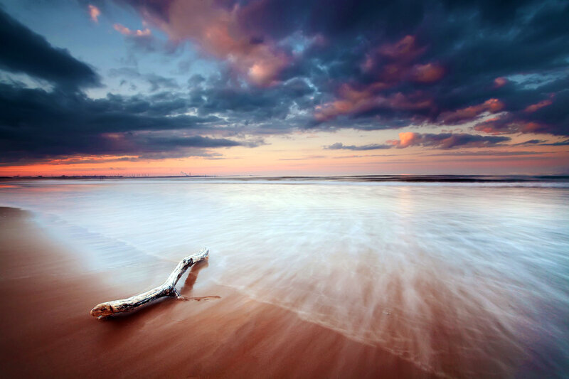 Driftwood on Beach — Blue, Dramatic, Sunset, Photograph, Clouds, Ocean
