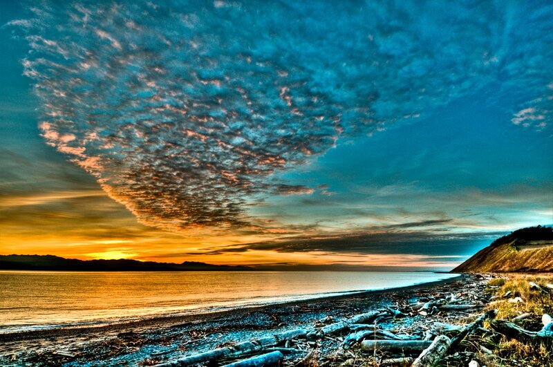 Driftwood on Beach — Blue, Dramatic, Sunset, Photograph, Clouds