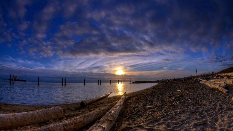 Driftwood on Beach — Blue, Dramatic, Sunset, Photograph, Sun, Clouds