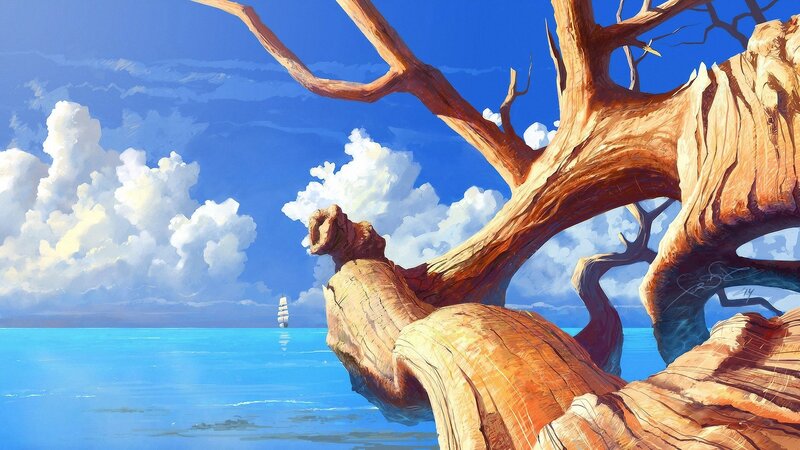 Driftwood on Beach — Blue, Serene, Afternoon, Digital Art