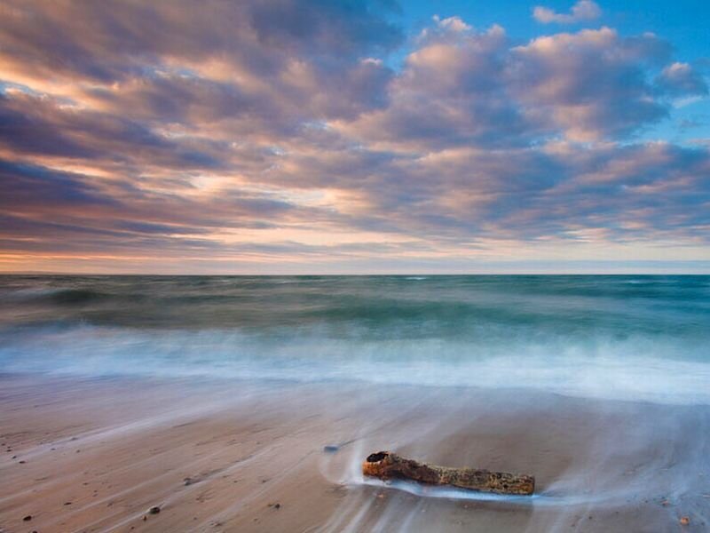 Driftwood on Beach — Blue, Serene, Sunset, Photograph