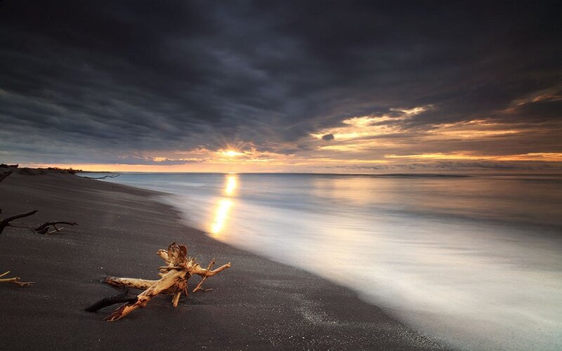 Driftwood on Beach — Gray, Dramatic, Sunset, Photograph, Sun, Ocean