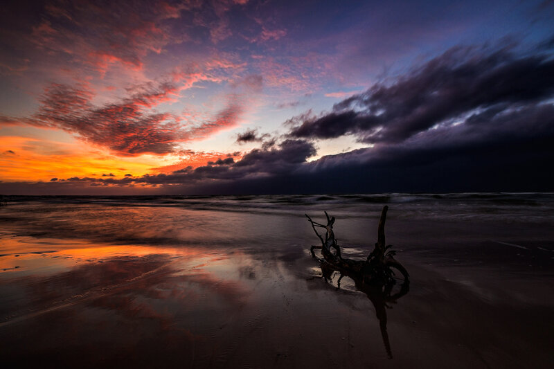 Driftwood on Beach — Orange, Dramatic, Sunset, Photograph, Clouds