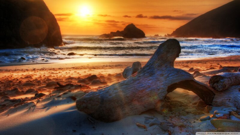 Driftwood on Beach — Orange, Dramatic, Sunset, Photograph, Ocean, Rocks