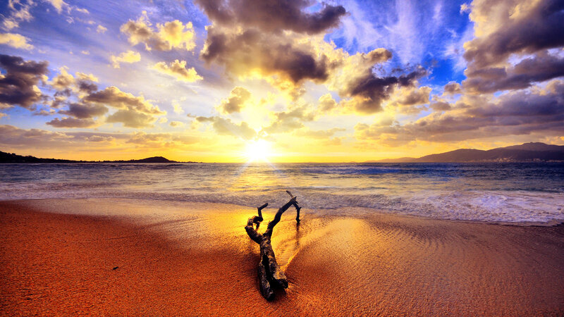 Driftwood on Beach — Orange, Dramatic, Sunset, Photograph, Sun, Ocean, Clouds