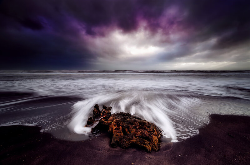 Driftwood on Beach — Purple, Dramatic, Night