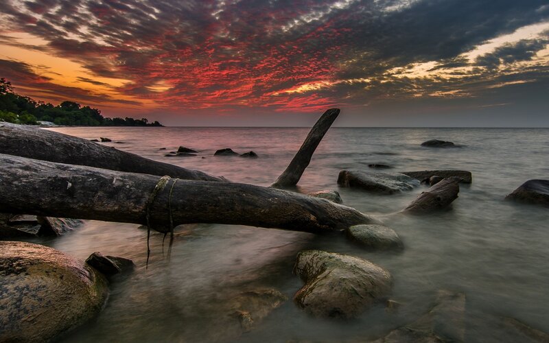 Driftwood on Beach — Red, Dramatic, Sunset, Photograph, Rocks