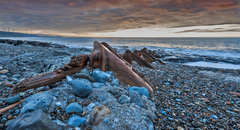 Driftwood on Pebble Beach — Blue, Dramatic, Sunset, Photograph, Ocean
