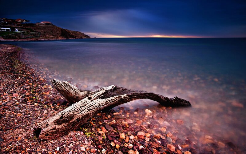 Driftwood on Pebble Beach — Blue, Serene, Sunset
