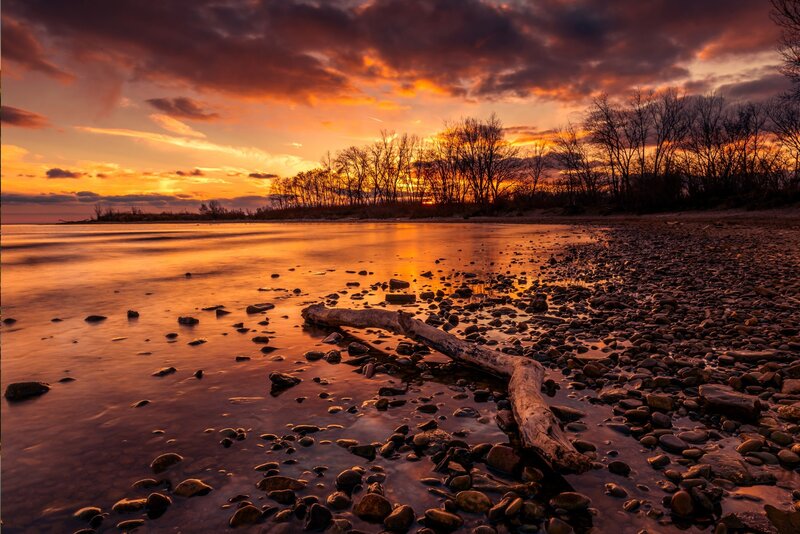Driftwood on Pebble Beach — Orange, Dramatic, Sunset, Photograph