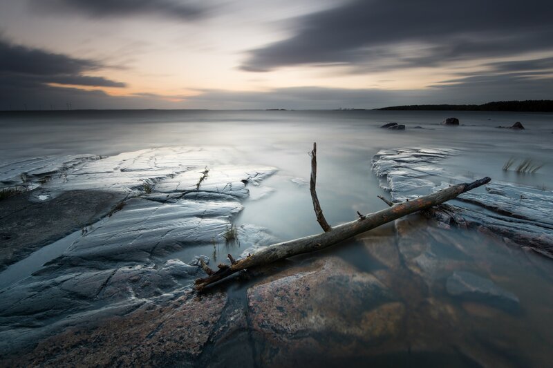 Driftwood on Rocky Shore — Gray, Serene