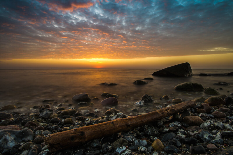 Driftwood on Rocky Shore — Orange, Dramatic