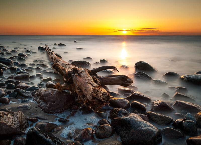 Driftwood on Rocky Shore — Orange, Serene