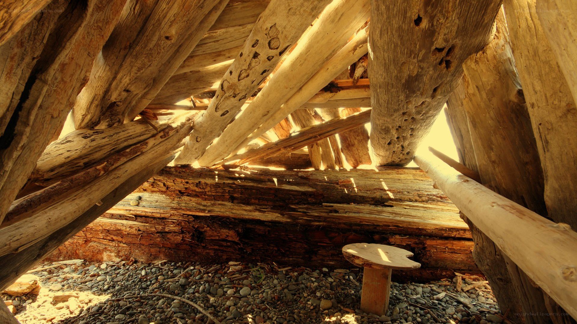 driftwood shelter interior