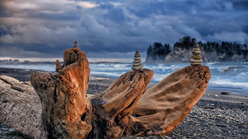 Driftwood with Stacked Stones