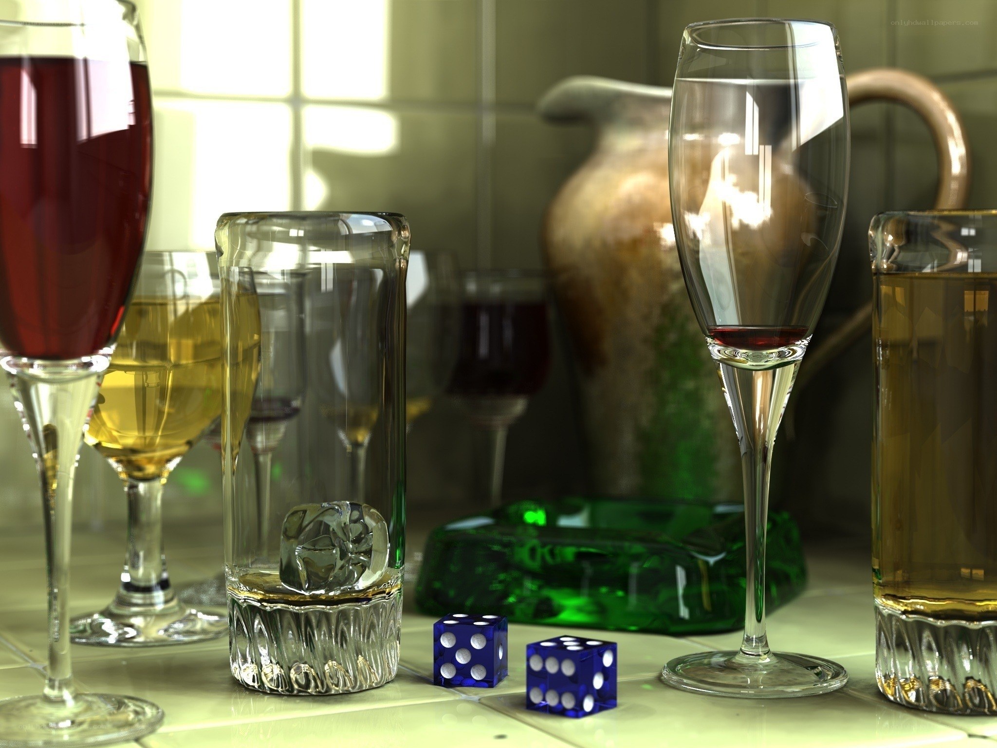 drinks and dice on a table