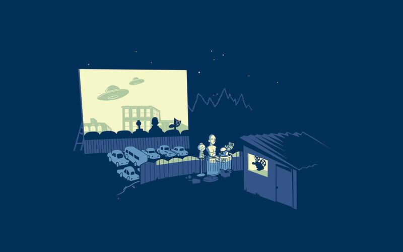 Drive-in Movie Theater — Blue, Calm, Night, Illustration, Screen