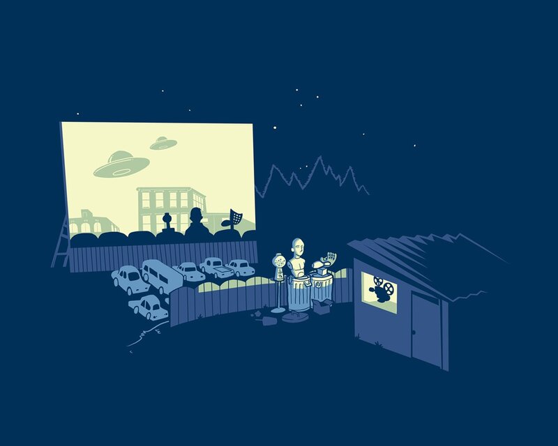 Drive-in Movie Theater — Blue, Calm, Night, Illustration